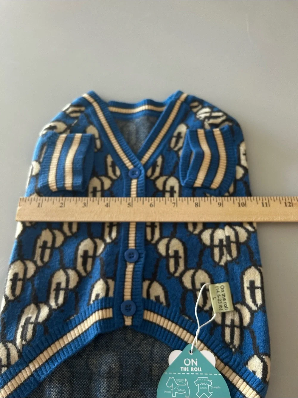 NWT On The Roll Luxury Monogram Dog Cardigan Sweater - Blue/Cream - Size Large